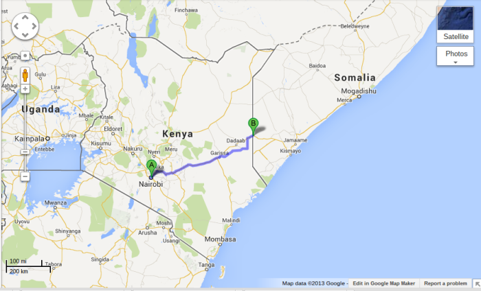 Nairobi to Somalia boarder map
